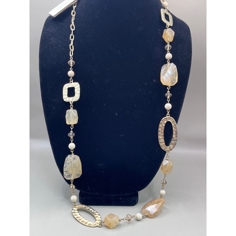 Relativity Semi-Precious Stone Jasper Quartz Long Necklace Gold Tone‎ Timeless